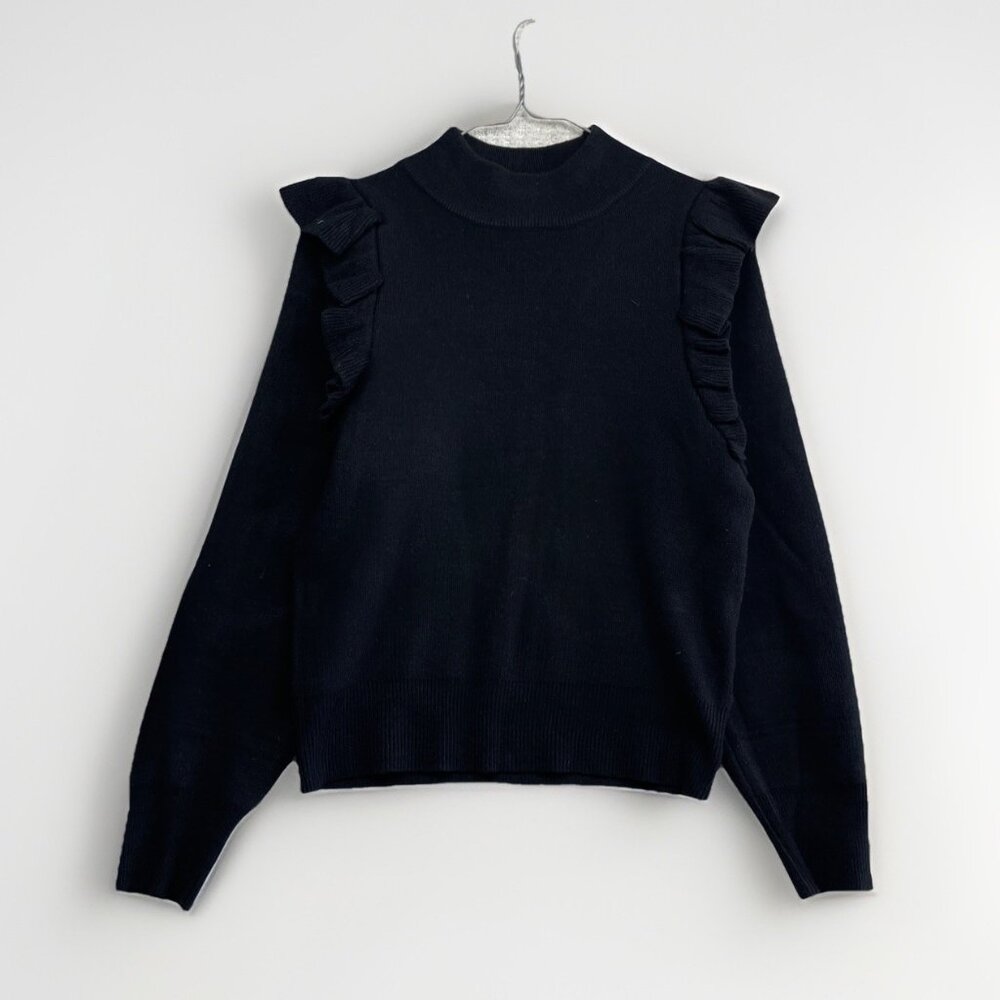 Lofty Manner Black Ruffle Shoulder Long Sleeve Knit Sweater Womens Sz Small